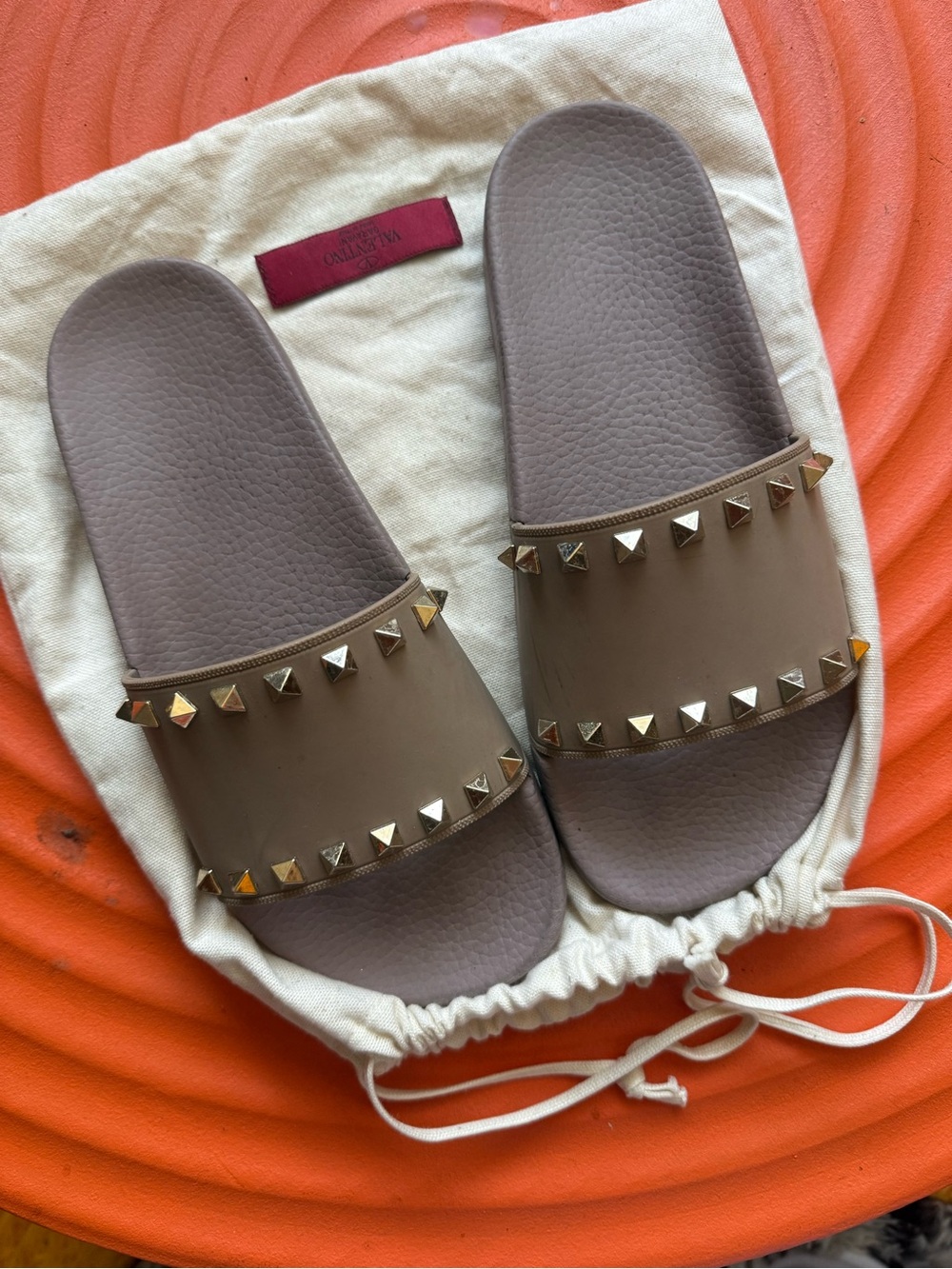 Valentino Taupe Slide Sandals with Gold Pyramid Studs